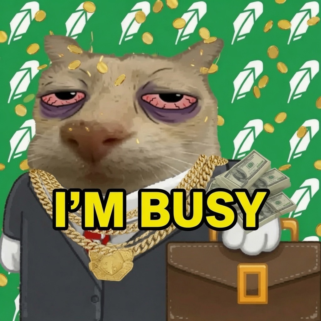 Intern cat with gold chains and a briefcase full of cash saying I'm Busy